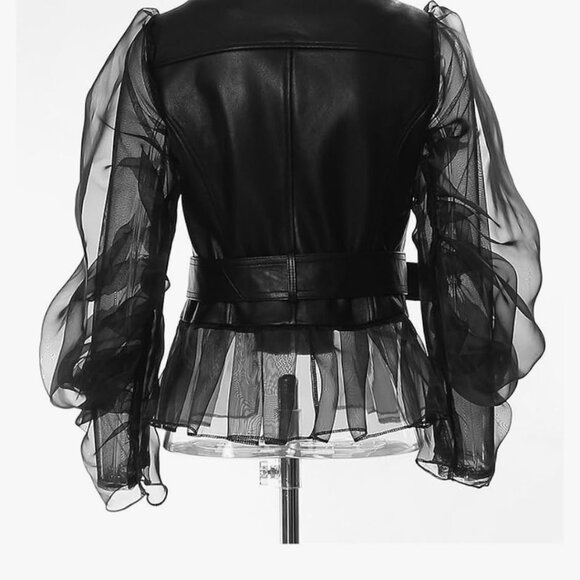PU leather jacket with organza sleeves, S size - Picture 2 of 8